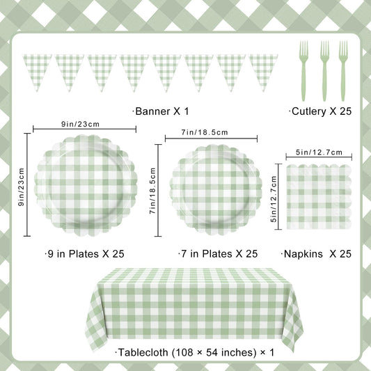 102 PCS Sage Green Gingham Party Supplies - Scalloped Plates, Napkins, Cups, Forks, Banner, Gingham Tablecloth for Baby Shower, Wedding, Birthday, Serves 25