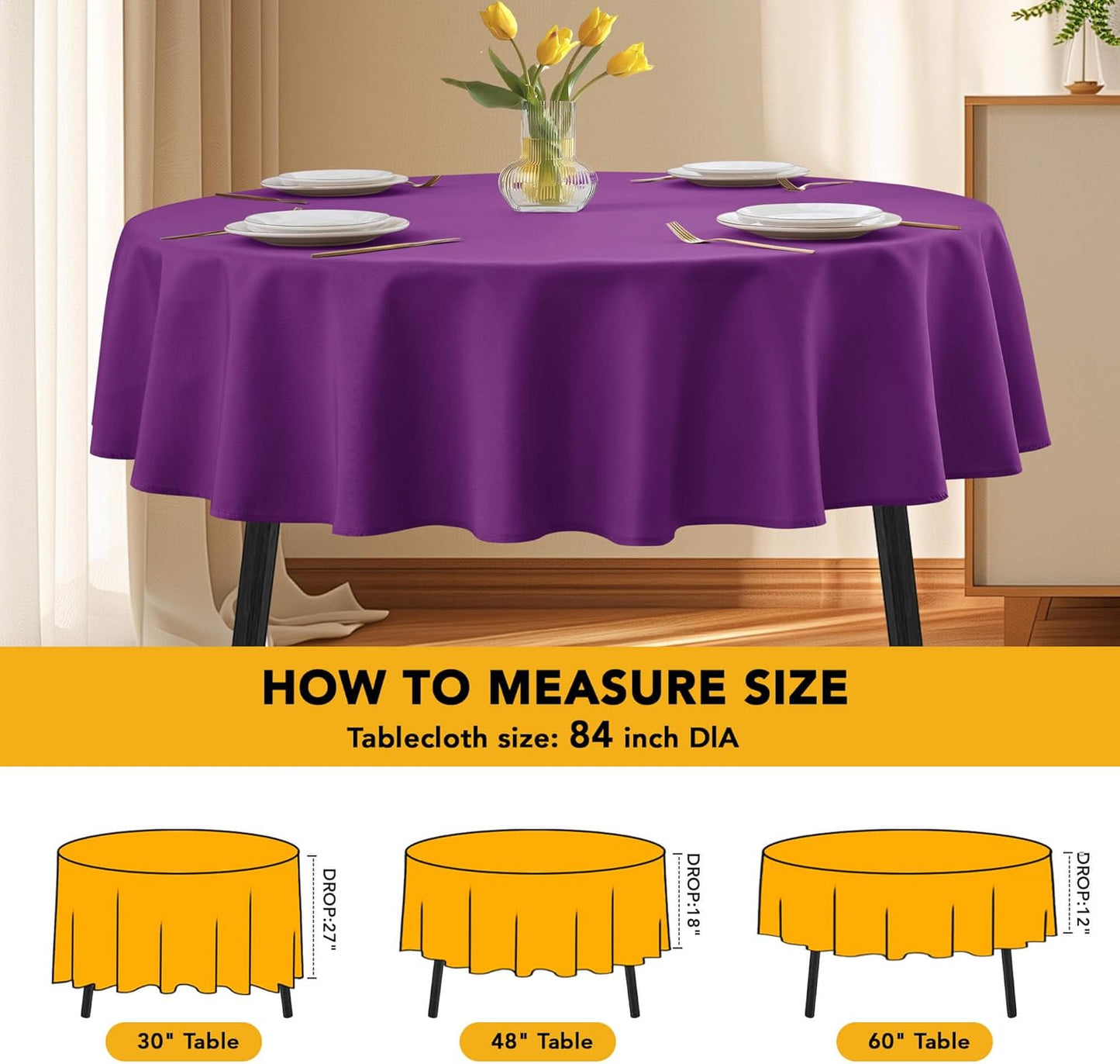 10-Pack Purple Round Tablecloths, 84 Inches, Stain-Resistant Polyester for 3-5 Ft Round Tables - Washable Table Covers for Weddings, Banquets, Birthday Parties, Events