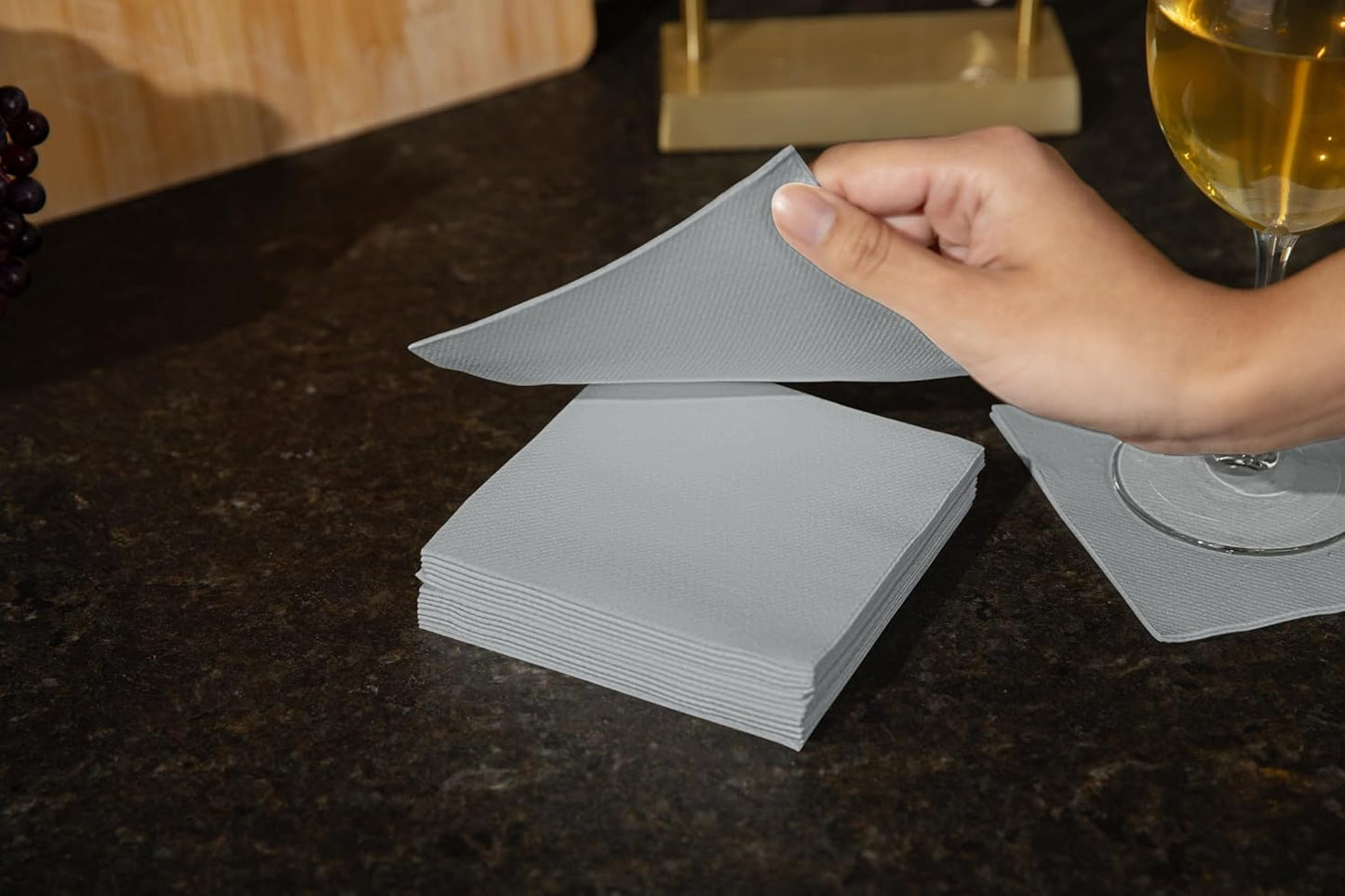 AH AMERICAN HOMESTEAD Paper Cocktail Napkins - Linen-Like Disposable Beverage Bar Napkins 4.75" x 4.75" - Bulk Square Napkins - Ideal for Party or Wedding (Silver -100 Count)