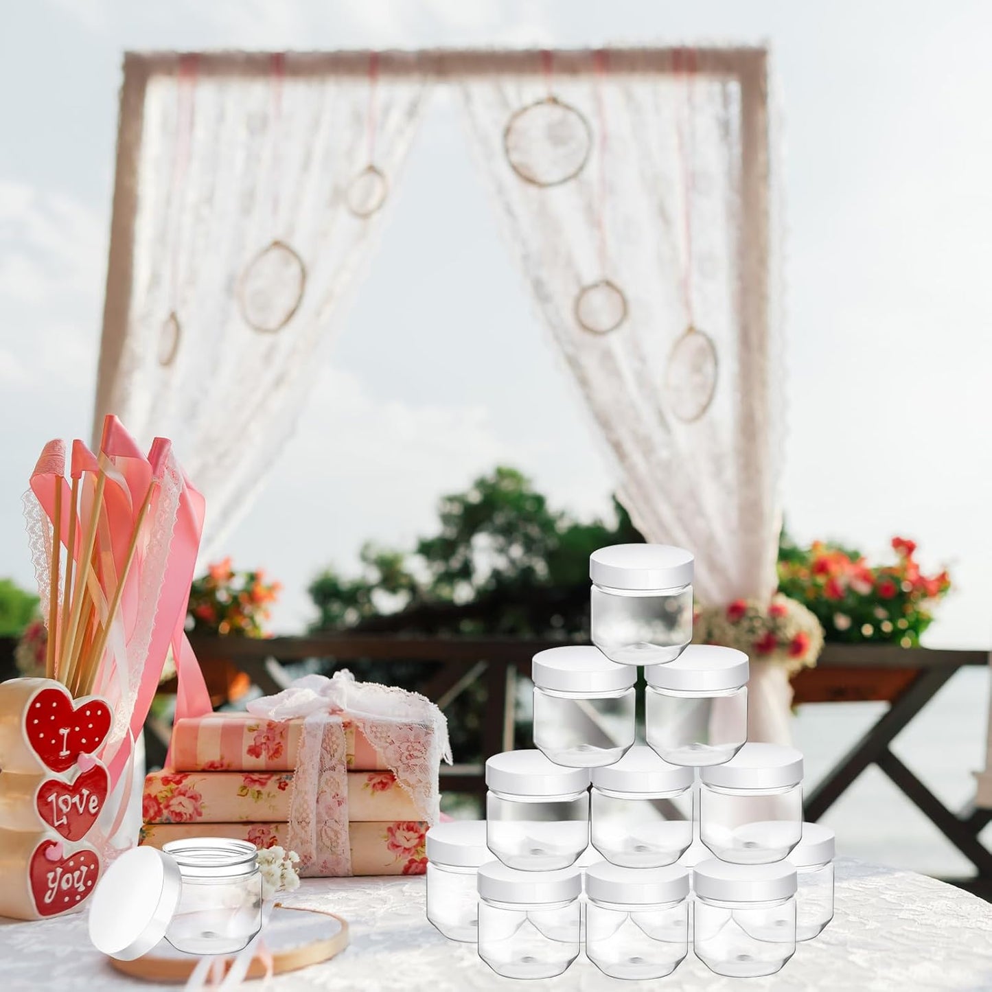 Tanlade 60 Pcs 3 oz Clear Plastic Jars with Lids Wide Mouth Mason Jars Mini Storage Containers Bulk for Herb Jelly Wedding Valentine Favors Shower Party Favors(White)