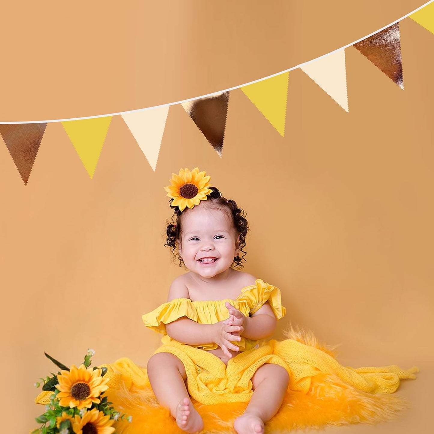 32Ft Yellow Brown Party Decorations Metallic Brown Mustard Yellow Triangle Banner Flag Pennant Fabric Garland Streamers for Boho Birthday Bee Baby Shower Sunflower Party Outdoor Decor Supplies