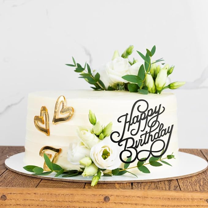 6 Pcs Happy Birthday Cake Topper Side Mirror Acrylic Sign Decorations Black Inserts Decor Supplies Cupcake Toppers for Party Dessert