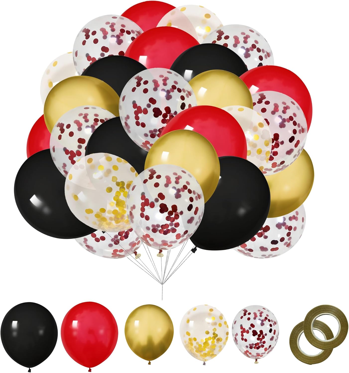 62 Pcs 12 Inch Black Red Gold Balloons Arch Kit, Red and Black Metallic Gold Confetti Party Balloons with Ribbons for Birthday, Wedding, Baby Shower, Graduation Decorations