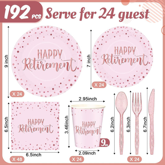 Pickmesh 192 Pcs Retirement Party Decorations Happy Retirement Paper Plates and Napkins Set with Cups and Knife Fork Spoon,Farewell Party Disposable Tableware for 24 Guest Women Men(Pink)