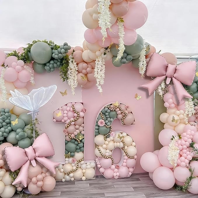Sage Green Pink Balloon Arch, Pastel Pink Dusty Green Ivory Balloon Garland with Bow Foil Balloons for Girls Wildflower Tea Party Birthday Bridal Baby Shower Wedding Spring Floral Flower Decorations
