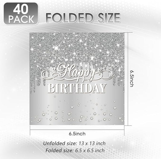 40PCS Silver Happy Birthday Napkins Silver Theme Party Decorations Disposable Cocktail Napkins for lunch,Dinner,Birthdays, Weddings, Baby Showers Party Decoration Supplies