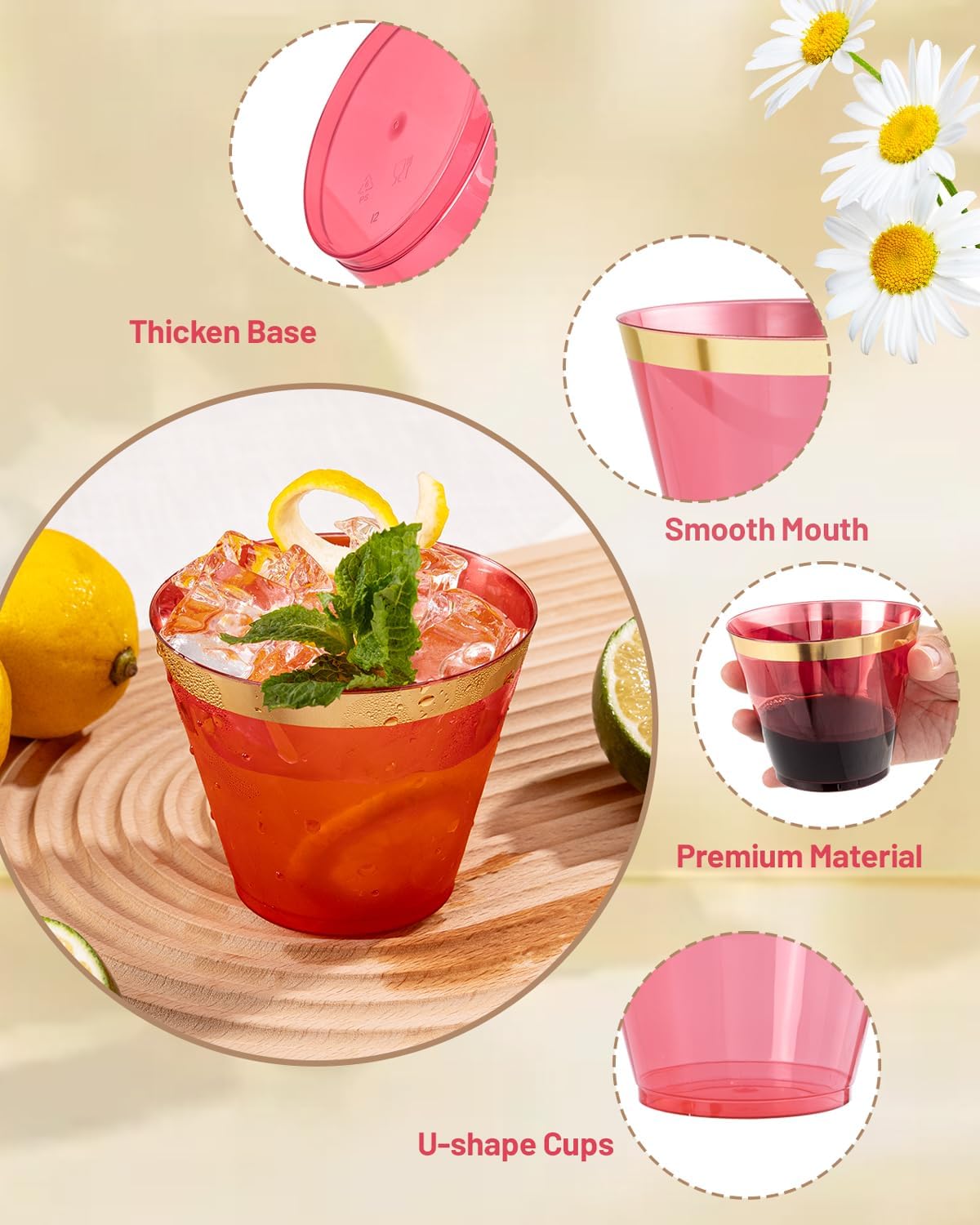 Ciaell 200PCS Red Plastic Cups - 9 Oz Gold Plastic Cups - Heavy Duty Gold Rimmed Disposable Cup - Disposable Wine Glasses with Gold Rim for Party & Wedding & Christmas