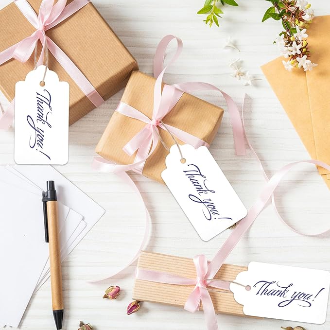 SallyFashion 100pcs Gift Tags with String Attached, 2 x 4 inch Kraft Paper Hang Tags for Clothes DIY Crafts Wedding Holiday (White)