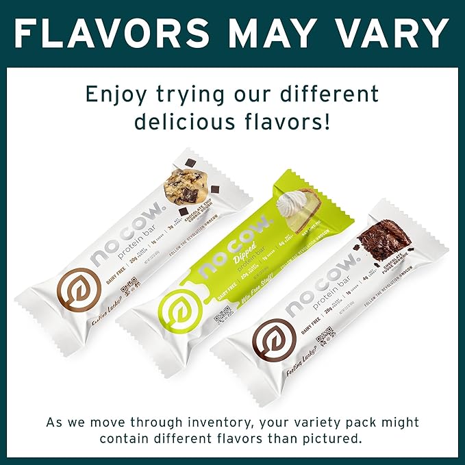 No Cow Vegan Protein Bars, Upgraded Brand Sampler Pack | 20g Plant Based Protein, Gluten Free, Dairy Free, Soy Free, Keto Friendly, Low Sugar, High Fiber Snack Bars | Pack of 12