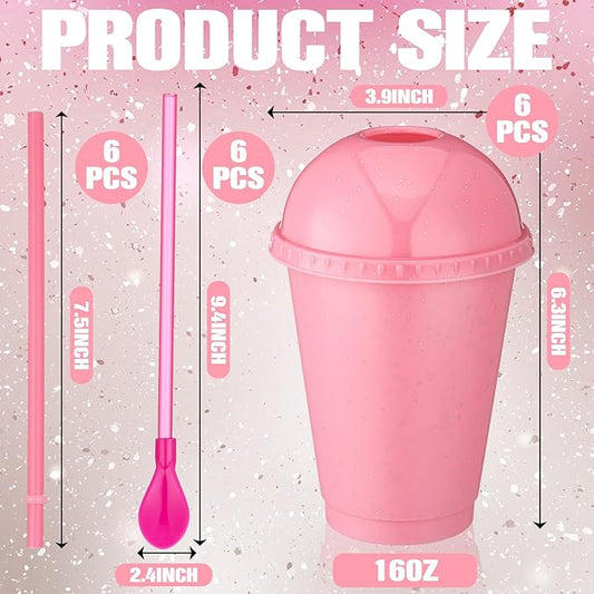 6 Set Slushie Cups with Dome Lids and Straws Detachable Spoon Straws Reusable Plastic Iced Coffee Cups Smoothie Tumbler for Birthdays Summer Party Supplies(Pastel Pink,16 oz)