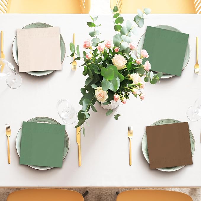 Whaline 150 Pcs Woodland Paper Napkin 3 Colors Dinner Napkin Beige Brown Green Disposable Luncheon Napkin for Woodland Baby Shower Party Supplies Table Decor