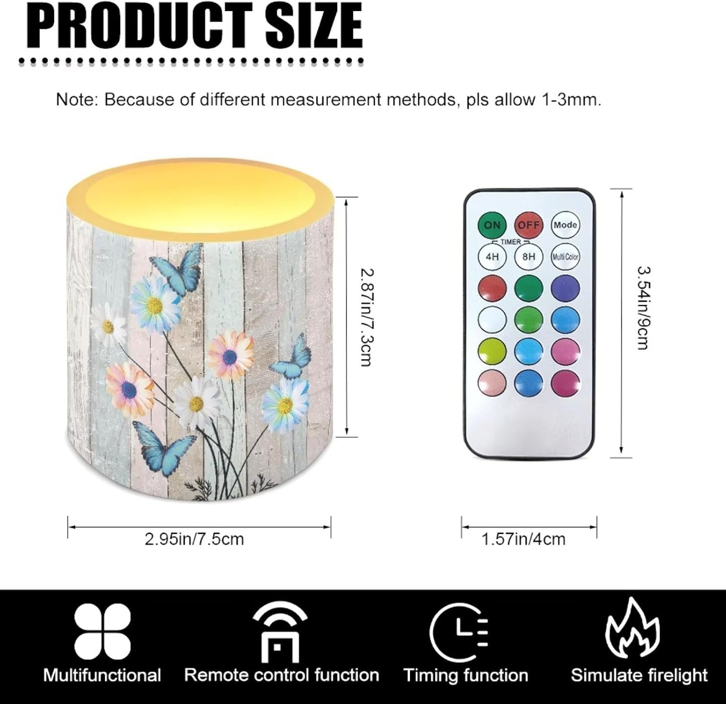 Poceacles LED Flameless Candles Set of 4 Multi-Color Battery Operated Fake Flickering Candles with Remote and Timer, for Holiday Festival Wedding Decorations, Daisy Flower Butterfly Wood Grain