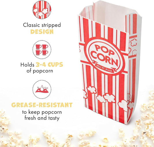 Popcorn Bags - 500-Pack of 1 oz Individual Servings - Leakproof Bottom, Holds 4 Cups of Popped Kernels - Classic Red and White Stripes, for Movie Night, Carnival, Party, Theater, and Snack Bars