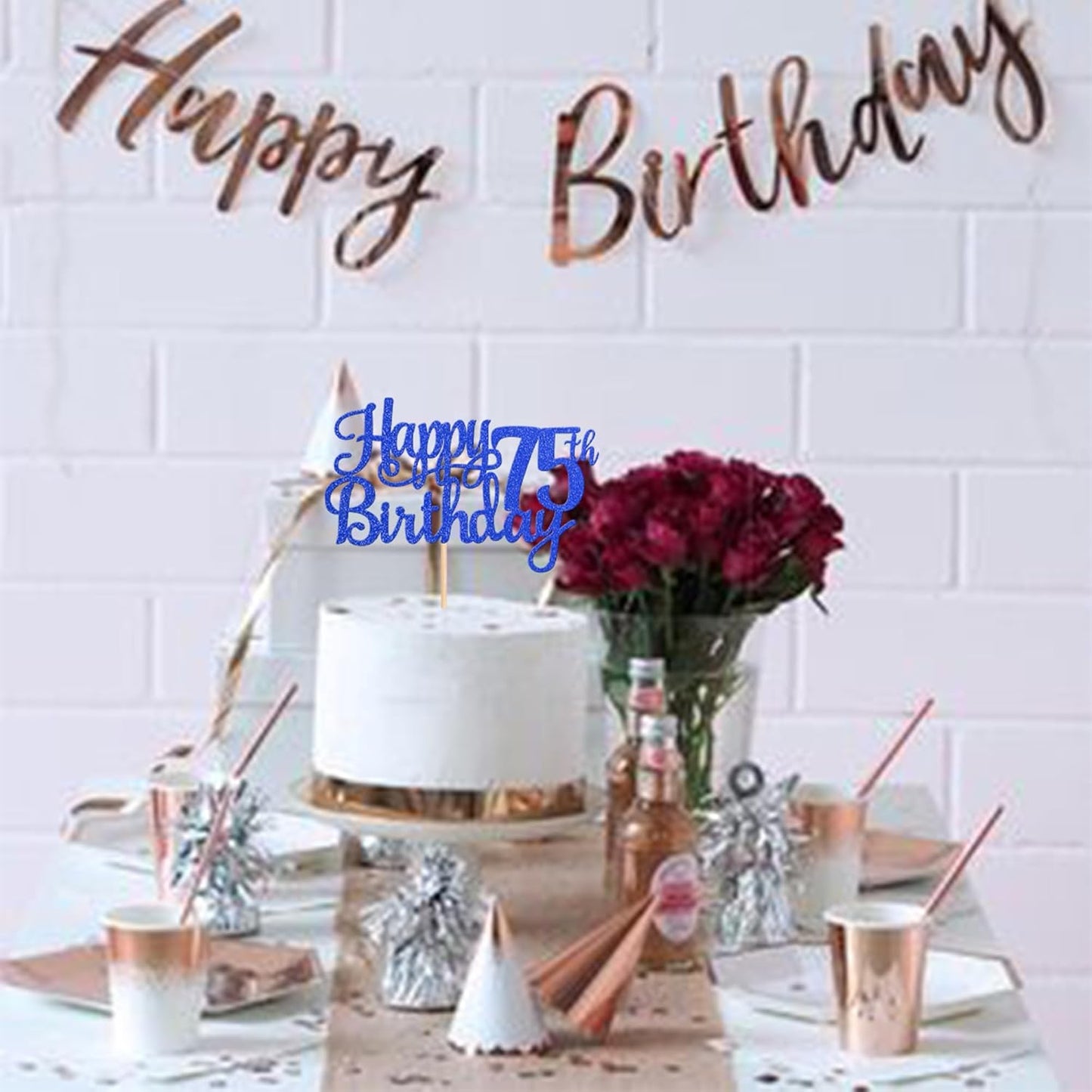 1 PCS Happy 75th Birthday Cake Topper Glitter Cheers to 75 Years Birthday Cake Pick Seventy Five 75 Fabulous Cake Decoration for Happy 75th Birthday Theme Party Decorations Supplies Blue