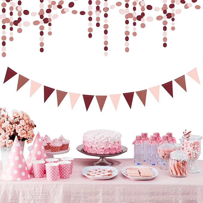 Rose-Gold Pink Burgundy Party Decorations - 52Ft Paper Streamers Women Girl Birthday Garland Baby Bridal Shower Banner Bachelorette Engagement Wedding Mothers Day Valentines Decor HongTongTong