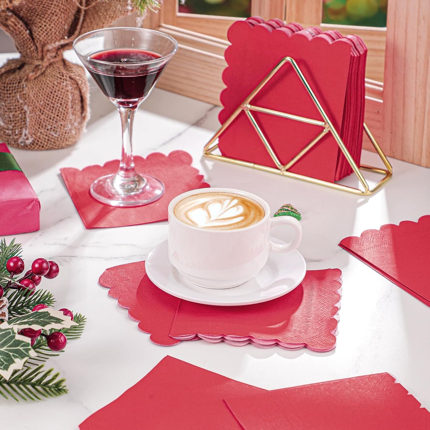 120 Pcs Red Napkins, Scalloped Christmas Napkins Red Cocktail Napkin Beverage Dessert Napkin for Christmas Birthday Wedding Baby Shower, 5 x 5 Inch