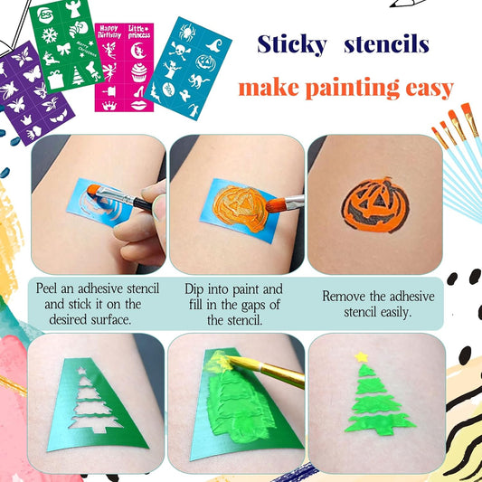 Face Painting Sticky Stencils - Reusable Facial Makeup Template Kids 20pcs Body Makeup Tattoo Templates for Halloween,Party(20 Sticky Stencils)