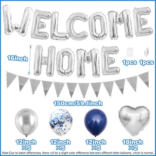 Welcome Home Decorations Navy Blue Silver,Welcome Home Foil Balloon Banner with Confetti Balloons,Silver Heart Balloons Pennant Flag Bunting for Housewarming Baby Shower Home Family Party Supplies