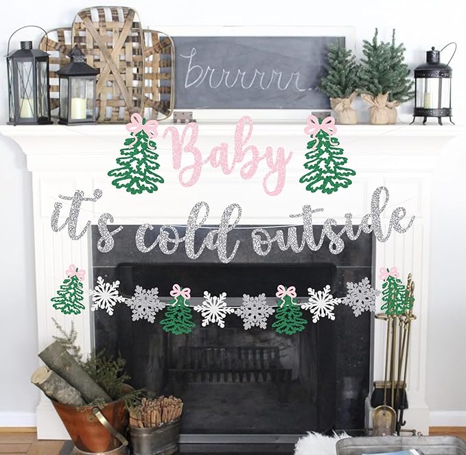 Pink Bow Baby It's Cold Outside Banner Christmas Baby Shower Decoration Winter Holiday Snowflake Welcome Newborn Party Supplies