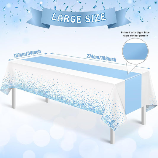 MASHAN 1Pcs White Light Blue Tablecloth Party Decorations,Plastic White Table Cloth Printed Baby Blue Table Runner Disposable Rectangle Cover for Birthday Baby Shower Wedding Party,54 x108 Inch