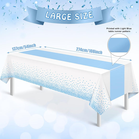 MASHAN 6Pcs White and Light Blue Polka Dot Plastic Rectangular Tablecloths, 54x108 Inch, Spill Resistant, Perfect for Birthday, Wedding, Graduation Parties