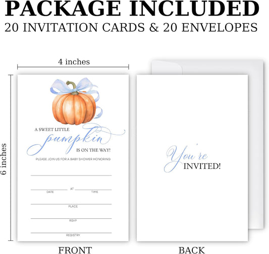 Blue Pumpkin Baby Shower Invitations - “A Sweet Little Pumpkin Is On The Way” Design with Envelopes And RSVP Cards - 20Pcs Fill In Baby Shower Party Cards(4 x 6 Inch) (043)