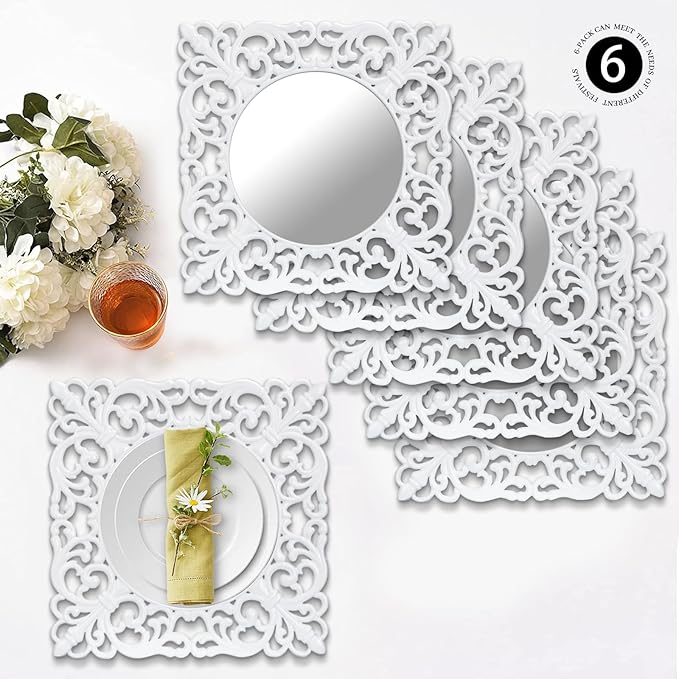 MAONAME 12" White Charger Plates Set of 6, Mirror Charger for Dinner Plates, Plastic Plate Chargers with Embossed Rims, Square Chargers for Table Setting, Wedding