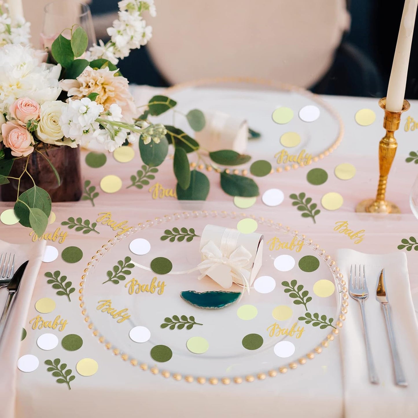 400 Pcs Greenery Baby Shower Confetti Scatter Decorations Green Brown White Table Confetti Dots with Eucalyptus and Gold Scatter for Baby Shower Gender Reveal Decor