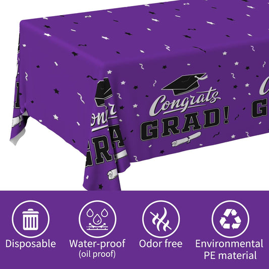 Graduation Party Decorations, Gongrats Grad Tablecover for Graduation Party Supplies, 3 pcs Purple Table Cloths, 54"x108"