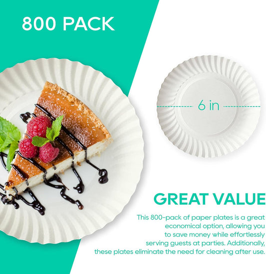 JOLLY PARTY 6 Inch White Paper Plates Uncoated, Everyday Disposable Paper Plates, Light Weight Small Dessert Plates, Round 6" Paper Plate Bulk, 800 Count
