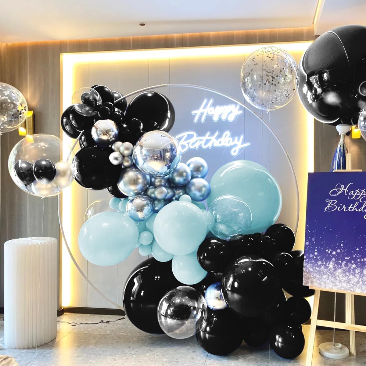 Macaron Blue and Black Balloons Arch Kit & Garland, 151Pcs Light Blue Black Bobo Different Size 18 12 10 5 inch for Boss Baby, Graduation, Birthday, Gaming Party Decorations