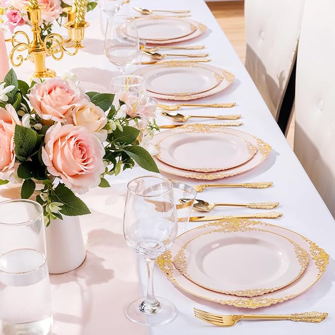 Nervure 100PCS Pink and Gold Plastic Plates - 10.25Inch Pink Disposable Plates - Plastic Dinner Plate for Weddings & Parties & Easter