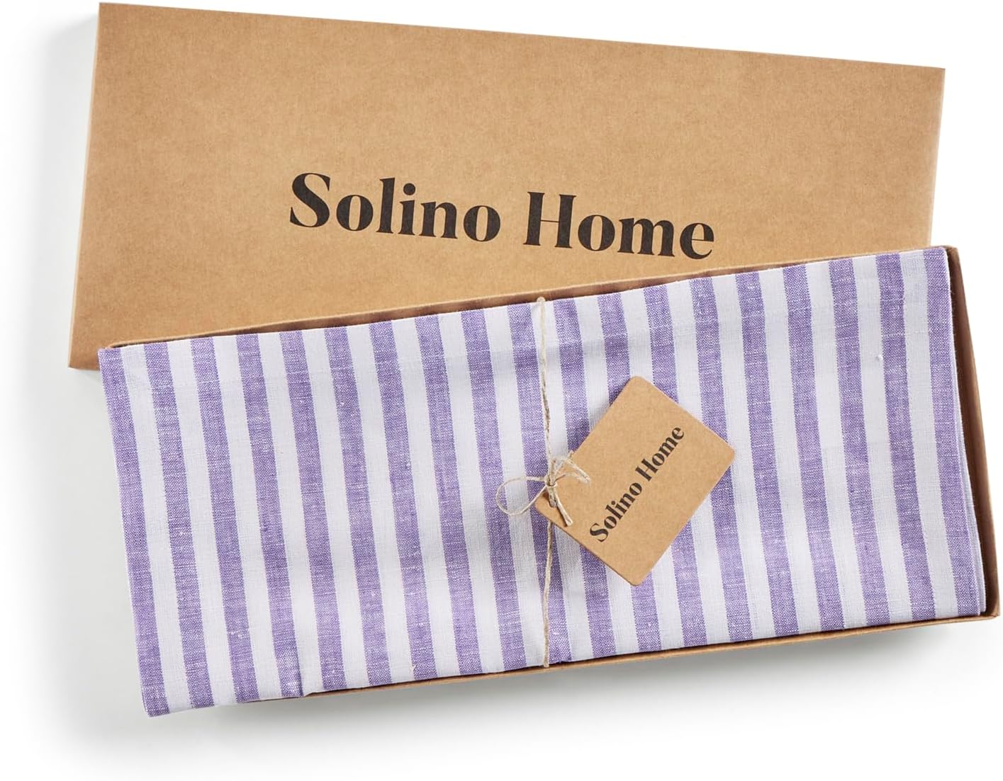 Solino Home Striped Linen Table Runner 108 Inches Long - Amalfi Stripe 100% Pure Linen Violet and White Dining Table Runner 14 x 108 Inch