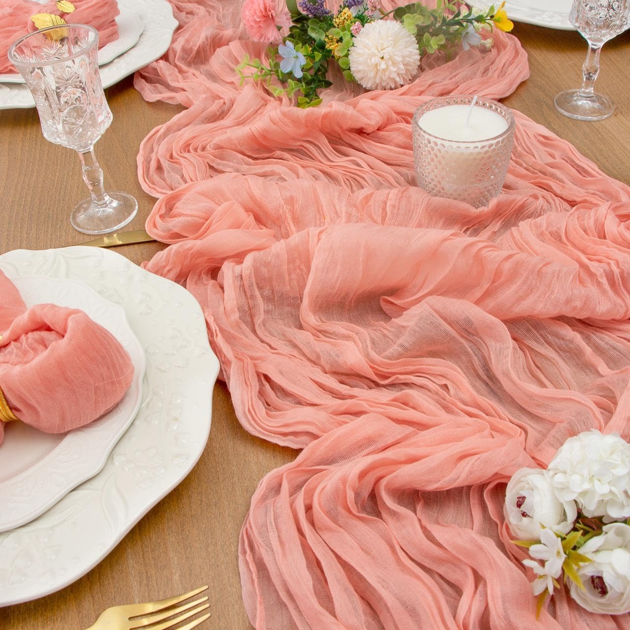 FEXIA Pink Cheesecloth Table Runner Spring Easter Table Runner 35x120 Inches for Mother's Day Bridal Shower Tea Party Spring Baby Shower Decor Table Centerpiece Decorations