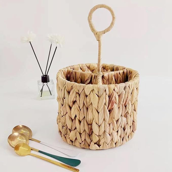 Wicker Flatware Organizer Kitchen Utensil Organizer Woven with Handle Cutlery Holder Divided Utensil Holder for Party Spoons