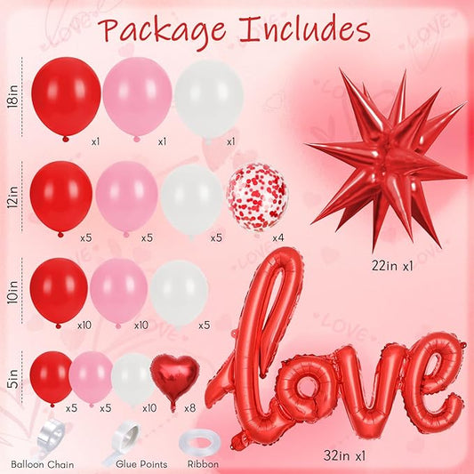 Valentines Day Balloon Arch Kit, Pink Red White Balloon Garland with 32" LOVE/ 22"Explosion Star/ 5" Heart Foil Balloon for Galentines Mothers Day Wedding Engagement Anniversary Party Decorations