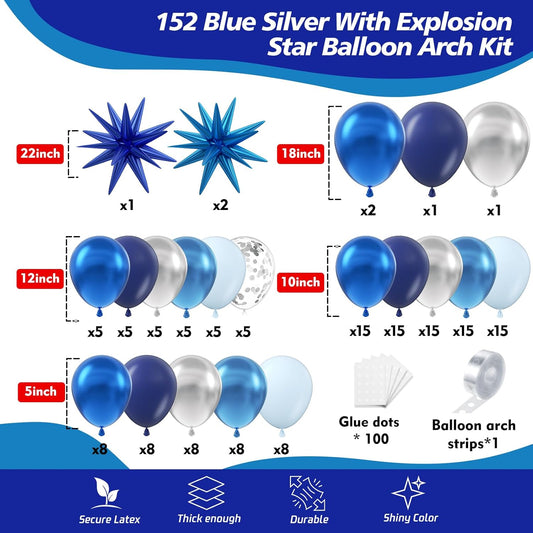Blue Balloon Arch Kit, 152Pcs Explosion Star Various Blue and Silver Latex Balloon Garland kit Different Size Balloons for Anniversary Birthday Wedding Baby Shower Dark Party Decorations