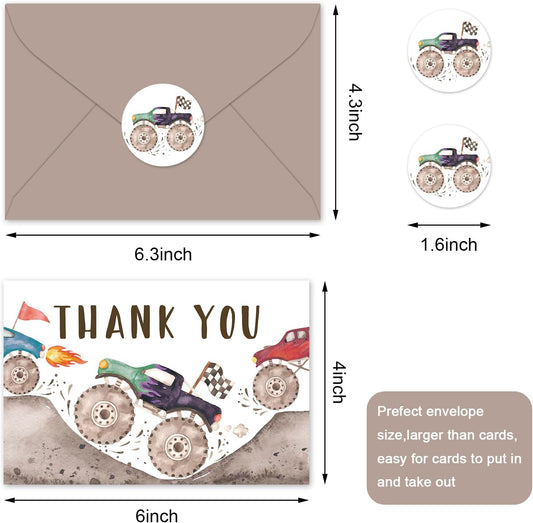 24 Pack Racing Truck Thank You Cards Racing Car Greeting Cards With Envelopes Stickers Colorful Truck Blank Note Card for Baby Shower Birthday Party