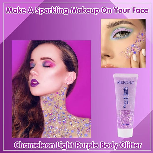MEICOLY Chameleon Light Purple Hair Glitter,Holographic Chunky Face Body Glitter,Color Changing Mermaid Face Glitter,Self-adhesive Glitter Sequin for Face Body Hair,Festival Party Cheer Glitter Makeup