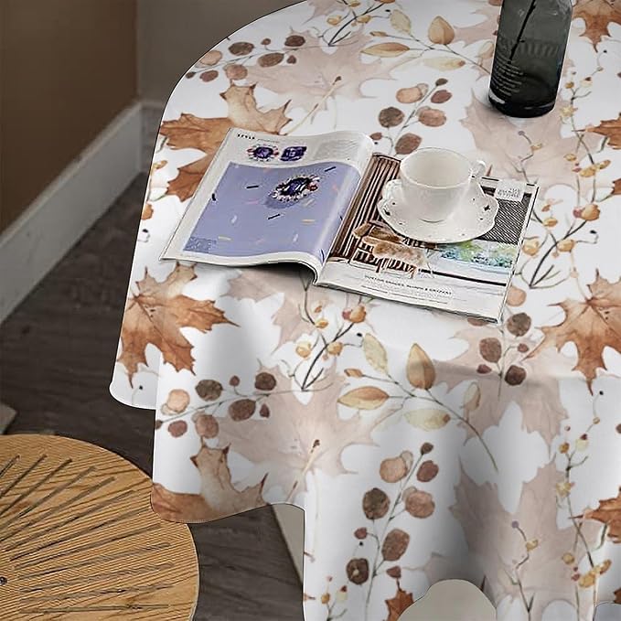 Thanksgiving Maple Leaves Tablecloth, Watercolor Autumn Harvest Fall Watercolor Blue Yellow Leaves Table Cover for Party Picnic Dinner Decor 70x70 Inch Round