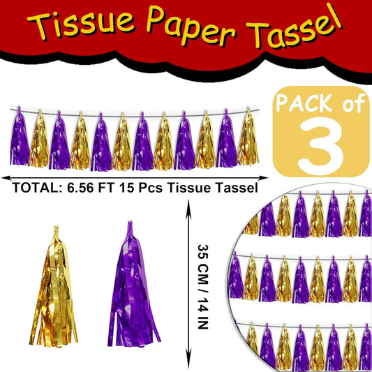 3P Purple Gold Tassel Banner Garland Foil Fringe Tinsel Streamer Banner Backdrop for Parade Floats, Wall Hanging Curtain Parade Floats, Graduation Decorations, Wedding Party Decoration