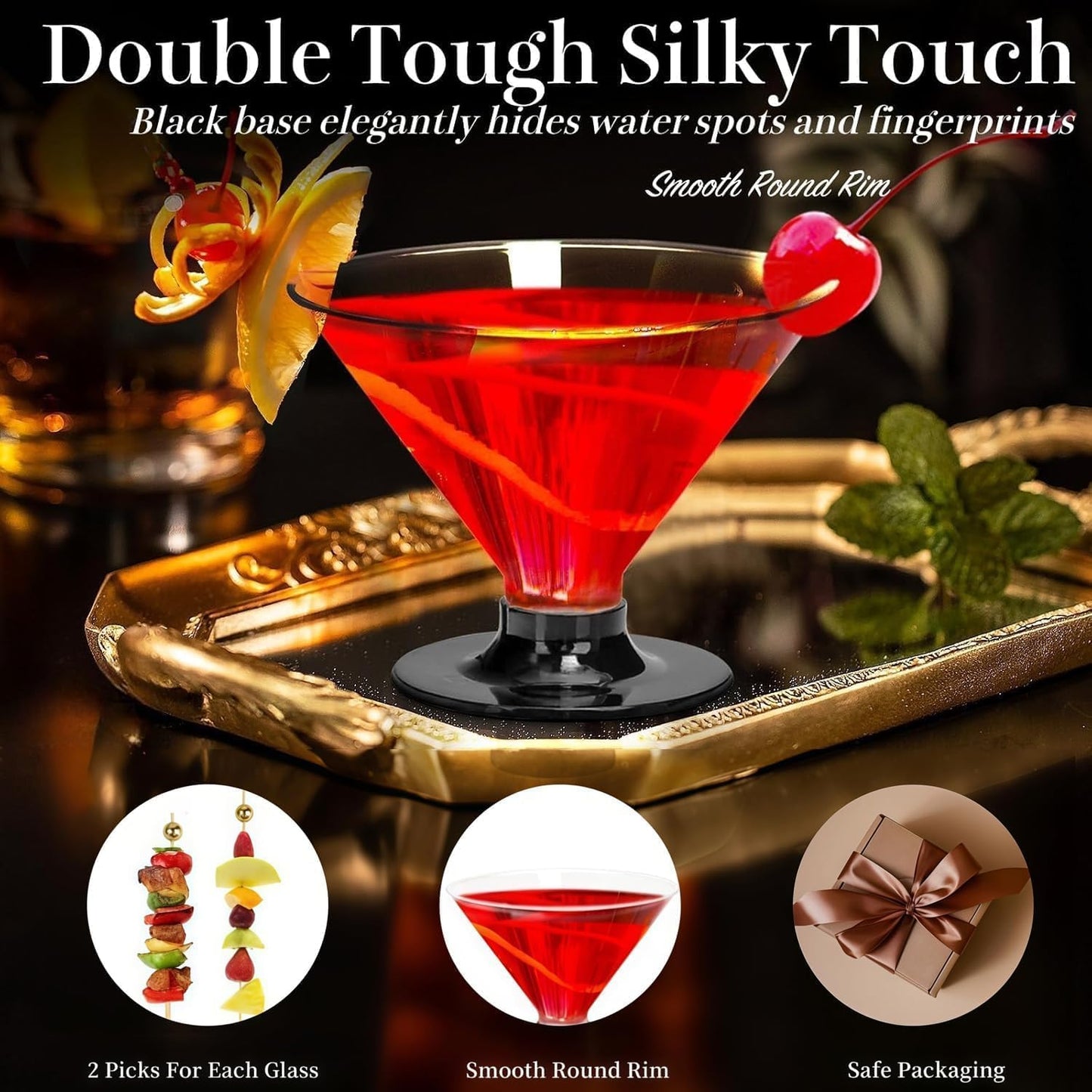 50 Clear Disposable Plastic Martini Glasses for Parties 5oz, with 100 Cocktail Picks Bundle, Martini Cups for Wine Ice Cream Fruit