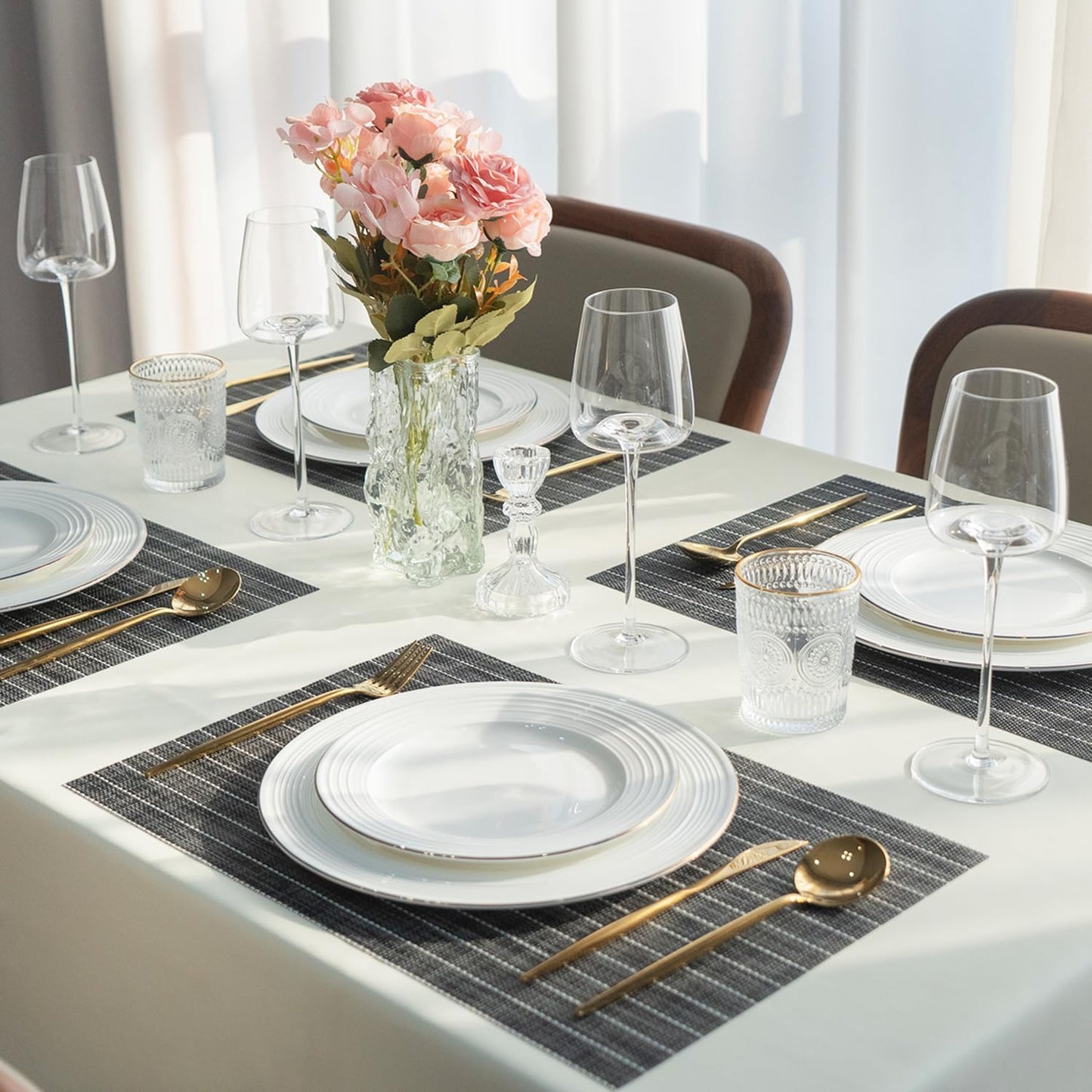 Placemats Set of 12 Vinyl/Plastic Woven Place Mats for Kitchen Table Indoor/Outdoor Washable Placemat Wipeable Dining Table Mats (Black Stripes,12)