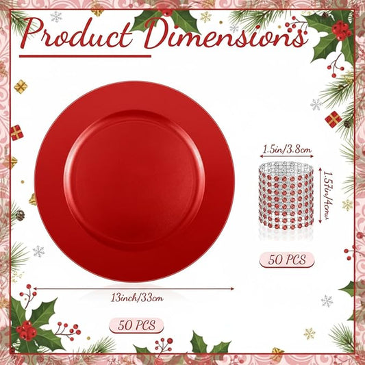 Tanlade 100 Pcs Charger Plates Set Bulk Include 50 Plastic Plate Chargers and 50 Napkin Rings 13" Round for Dinner Table Setting Wedding Baby Shower Decoration(Red)