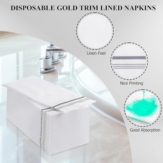 50 Linen Feel Paper Hand Towels for Bathroom, Disposable Guest Towels, Soft and Absorbent Paper Towels Napkins Bulk for Home Dinner Kitchen Wedding Graduation, 12" x 17"(Silver Trim Lined)