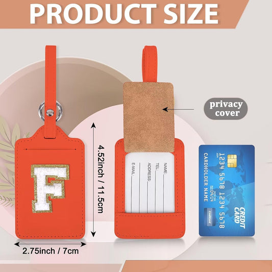 Personalized Initial Luggage Tags for Suitcases, Leather Chenille Letter Cute Luggage Tags with Privacy Name Card, Embroidered Travel Bag Backpack Tags Gifts for Women Kids Girls Teens(Orange-F)