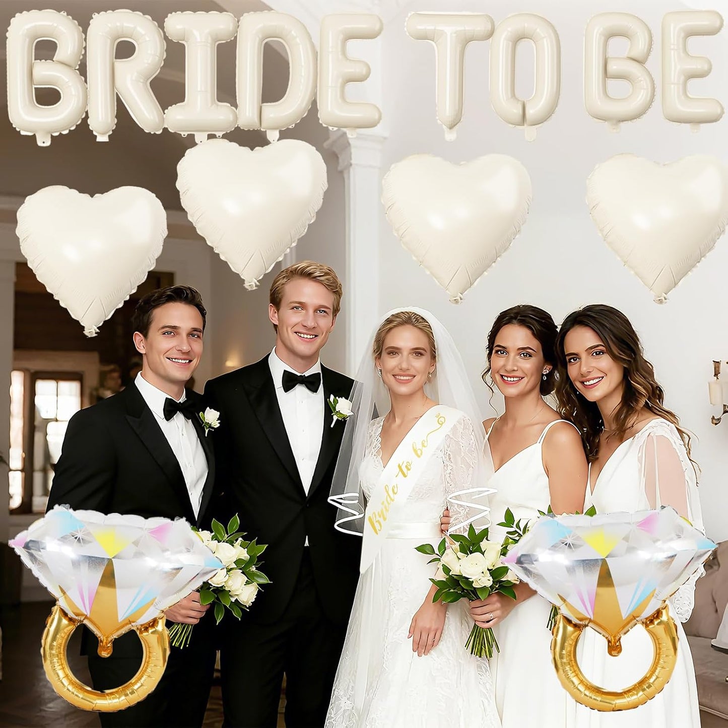 Sand White Bachelorette Party Decorations, Cream White Bride To Be Banner Heart Balloons with Diamond Ring Foil Balloon, Bride To Be Sash&Veil for Bachelorette Engagement Bridal Shower Party Supplies
