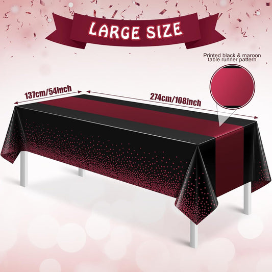 MASHAN 6Pcs Black Maroon Tablecloths, Rectangular Plastic Table Covers, 54x108 Inch, Polka Dot, Stain Resistant, Party Decorations
