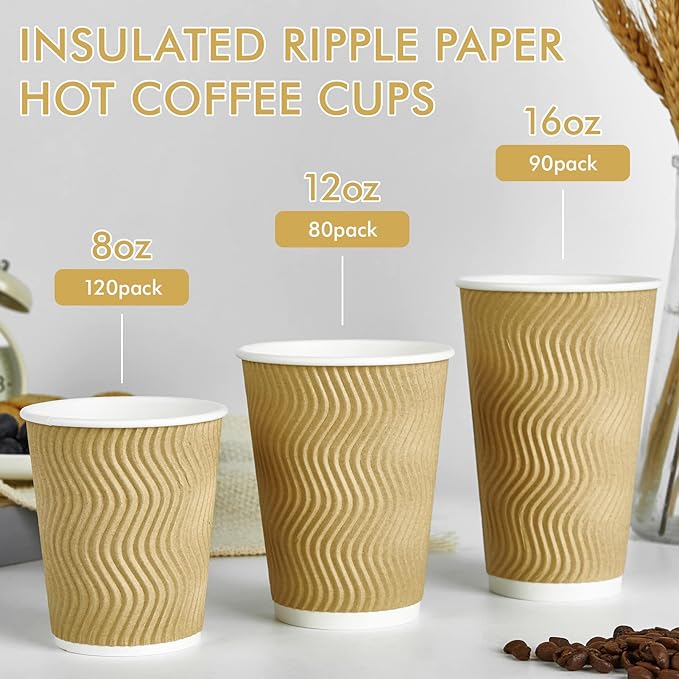 8 oz Coffee Cups, 120 Count Insulated Ripple Wall Paper Hot Coffee Cups for Hot Beverage