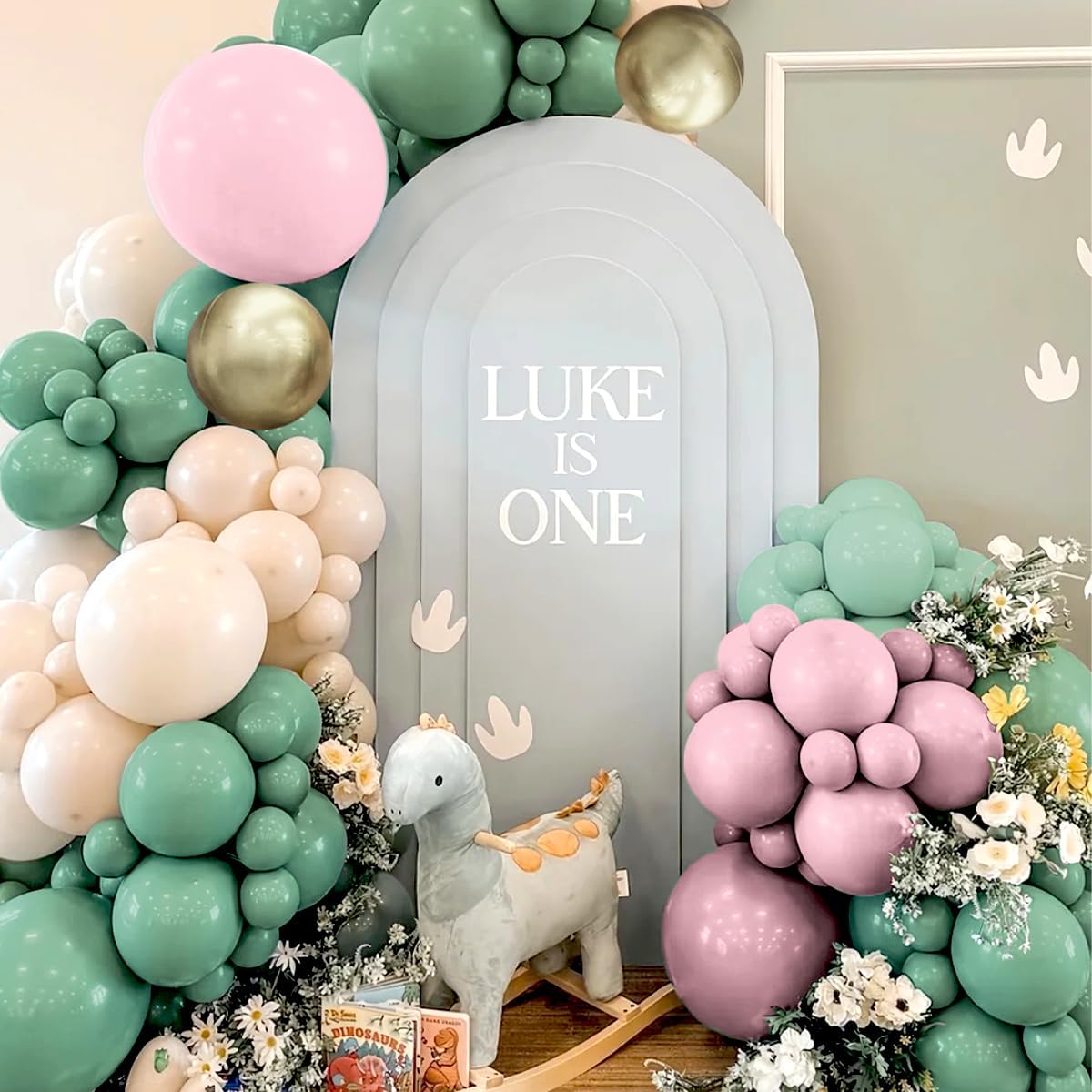 Sage Green Pink White Gold Balloons Garland Arch Kit, 160Pcs Olive Green Blush Pink White Sand Metallic Gold Balloons for Baby Shower Wedding Birthday Jungle Safari Woodland Party Decorations